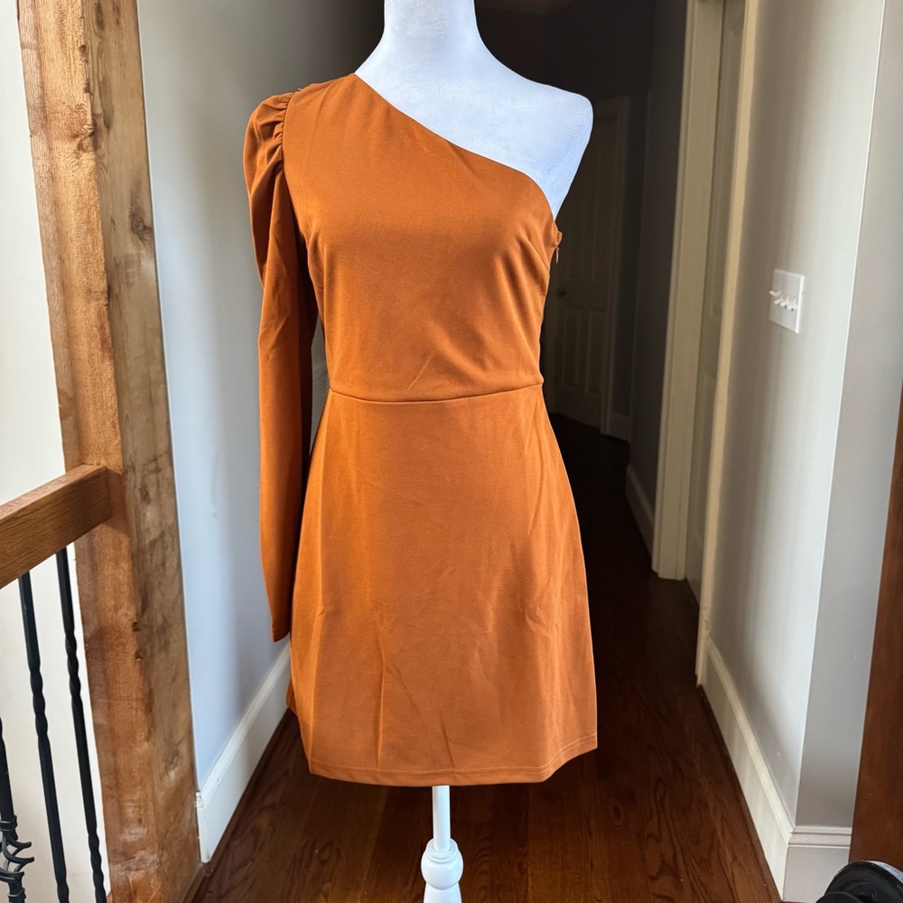 She + Sky One-Shoulder Dress in Warm Orange Rust - Picture 2 of 8